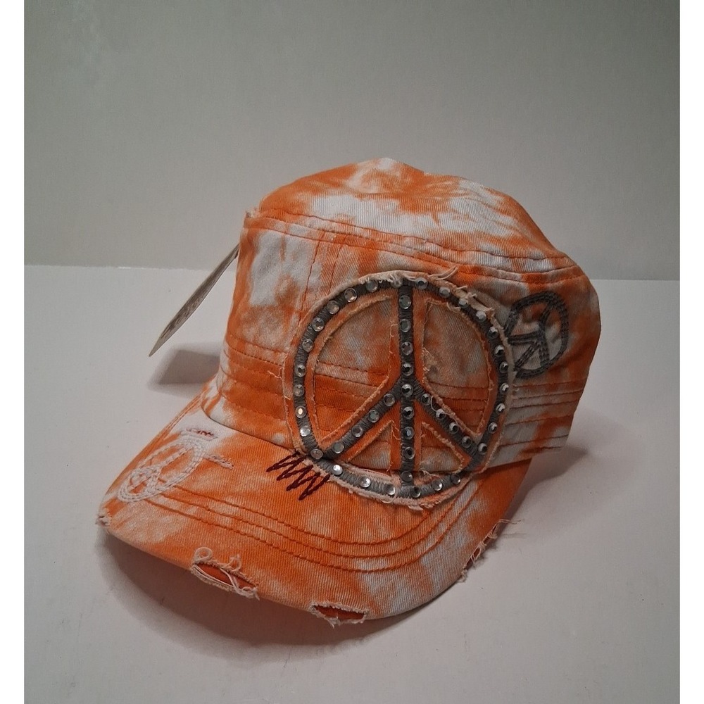 Leader Cadet Cap Distressed Crystal Studded Peace Symbol Women's One Size New